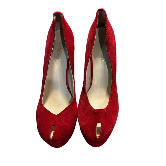 Sergio Rossi Red Suede Leather Platform Heels Keyhole 6" heel Size 38 US 8 READ - Picture 2 of 9